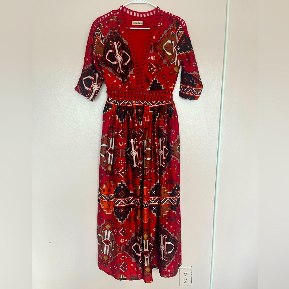 Maizistory | Mexican inspired abstract print dress with lattice lace detailing